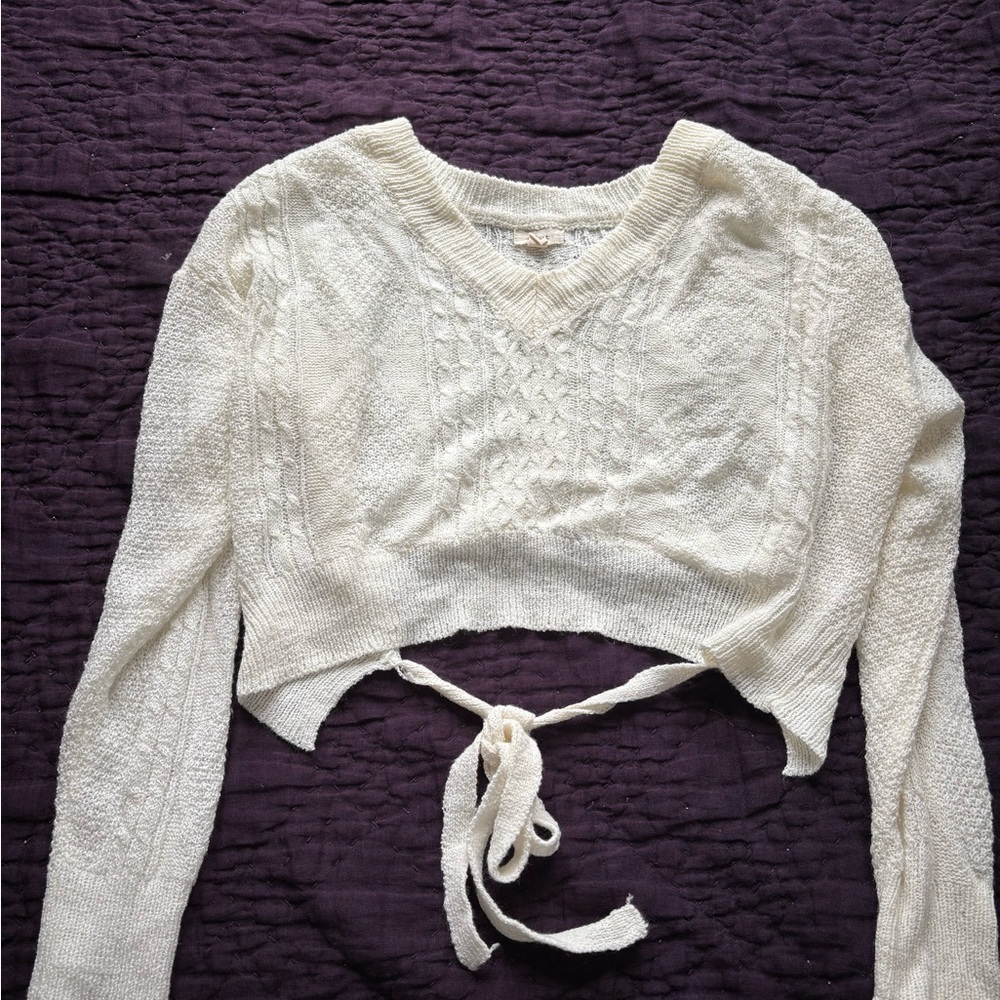 Debut Cream Long Sleeve Tie Front Crop Blouse